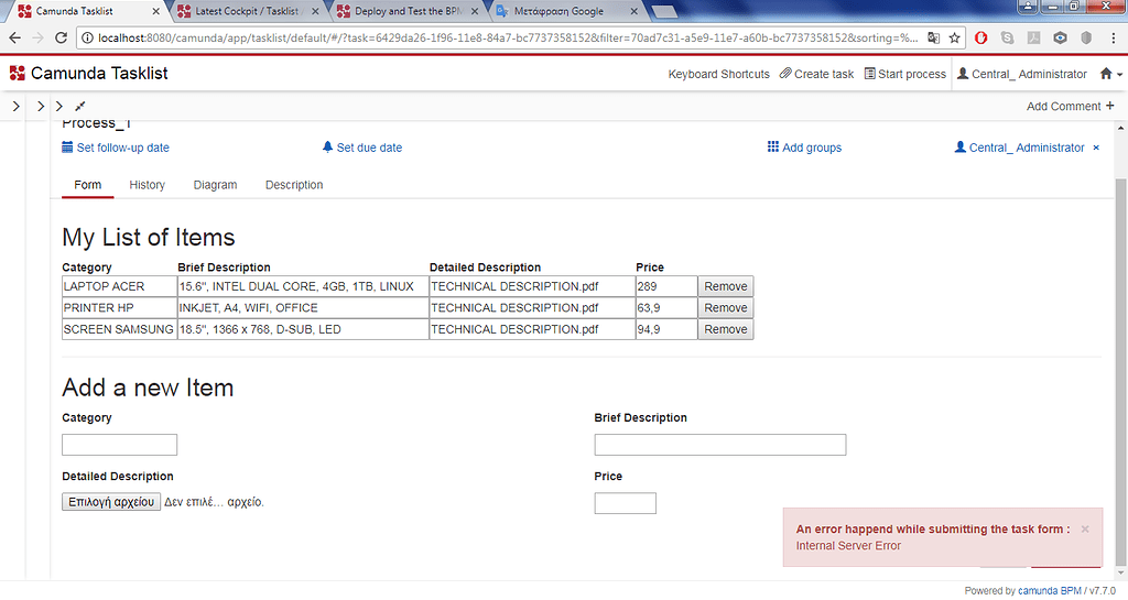 An error happend while submitting the task form : Internal Server Error ...